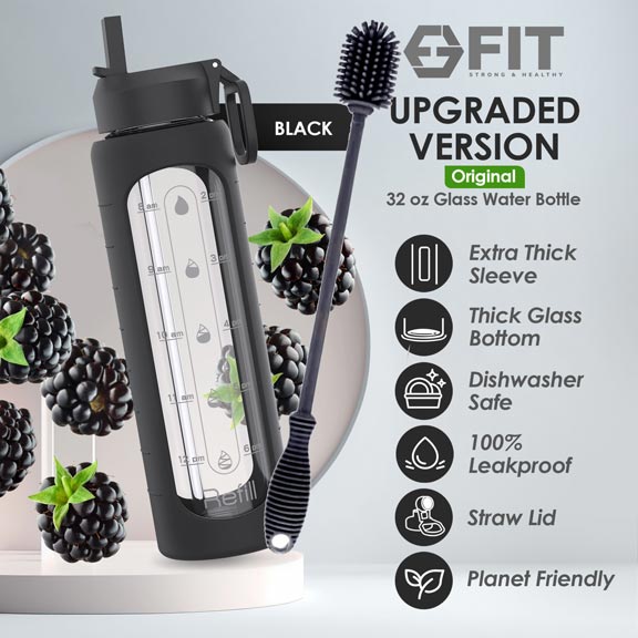 48oz Glass Water Bottle With Straw & Time Marker – BPA Free, Motivational, Leakproof, With Strap