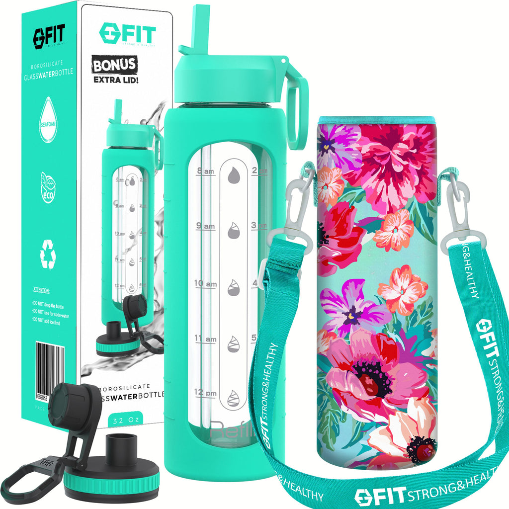 32 oz Glass Water Bottle with Straw Lid, Time Marker, Sleeve, Extra Lid ...