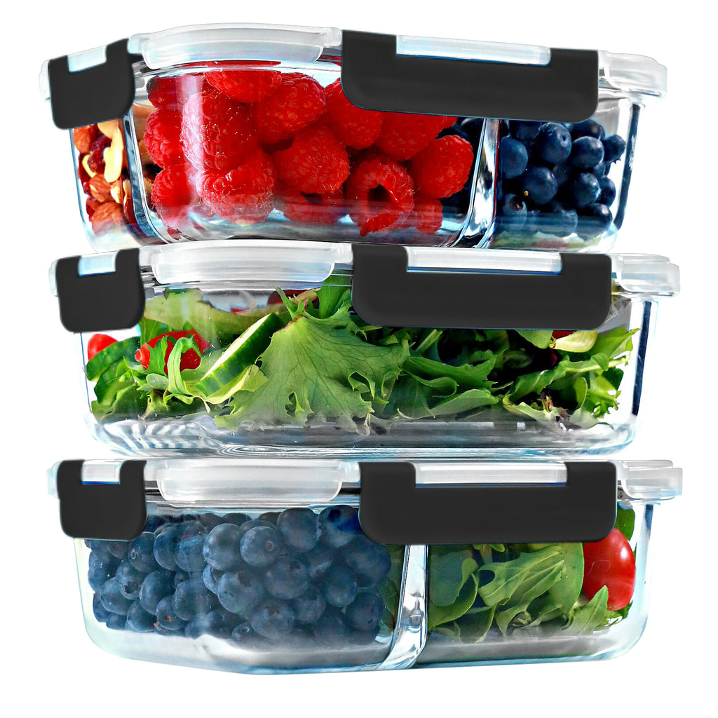 1 & 2 & 3 Compartment Glass Meal Prep Containers with BLACK Lids (3 Pa ...