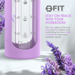 32 oz Glass Water Bottle with Straw Lid, Time Marker, Silicone Sleeve & Extra Lid (Lavender Sleeve)