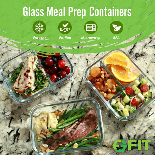 1 & 2 & 3 Compartment Glass Meal Prep Containers with BLUE Lids (3 Pack, 35 oz)