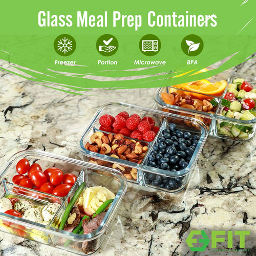 3 Compartment Glass Meal Prep Containers with BLUE Lids (3 Pack, 32 oz)