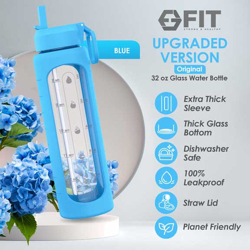 32 oz Glass Water Bottle with Straw Lid, Time Marker, Silicone Sleeve & Extra Lid (Blue Sleeve)