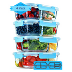 2 & 3 Compartment Glass Meal Prep Containers with BLUE Lids (4 Pack, 32 oz)