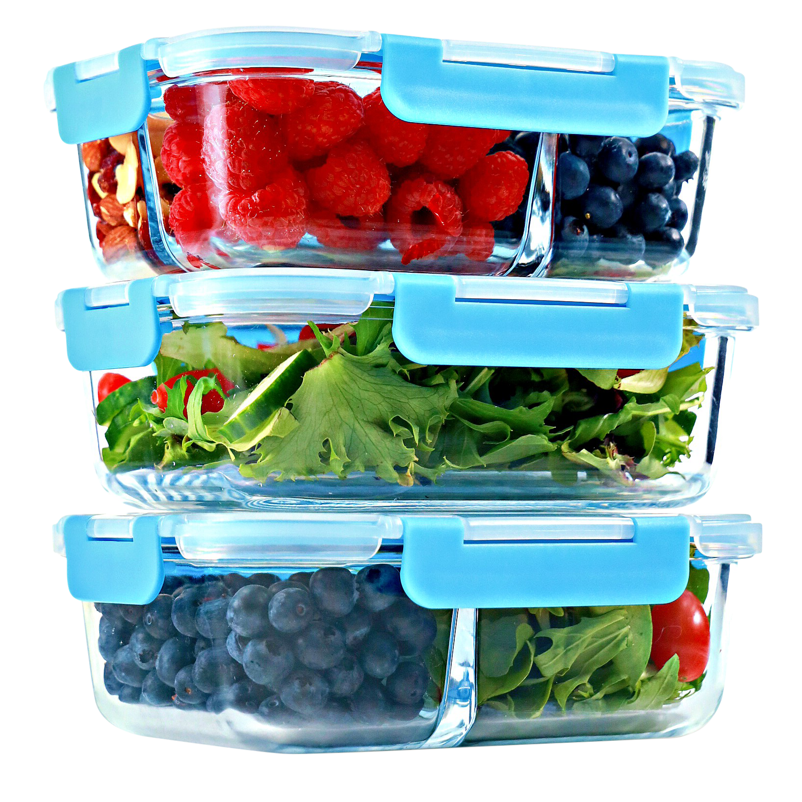 1 & 2 & 3 Compartment Glass Meal Prep Containers with BLUE Lids (3 Pack, 35 oz)