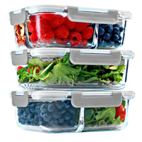 Glass Meal Prep Containers – 6-Pack (3-Pack 1, 2 & 3 Compartment, 35 oz, Beige + 3-Pack 1, 2 & 3 Compartment, 35 oz, Gray), Portion Control, Leak-Proof, Oven Safe, Food Storage
