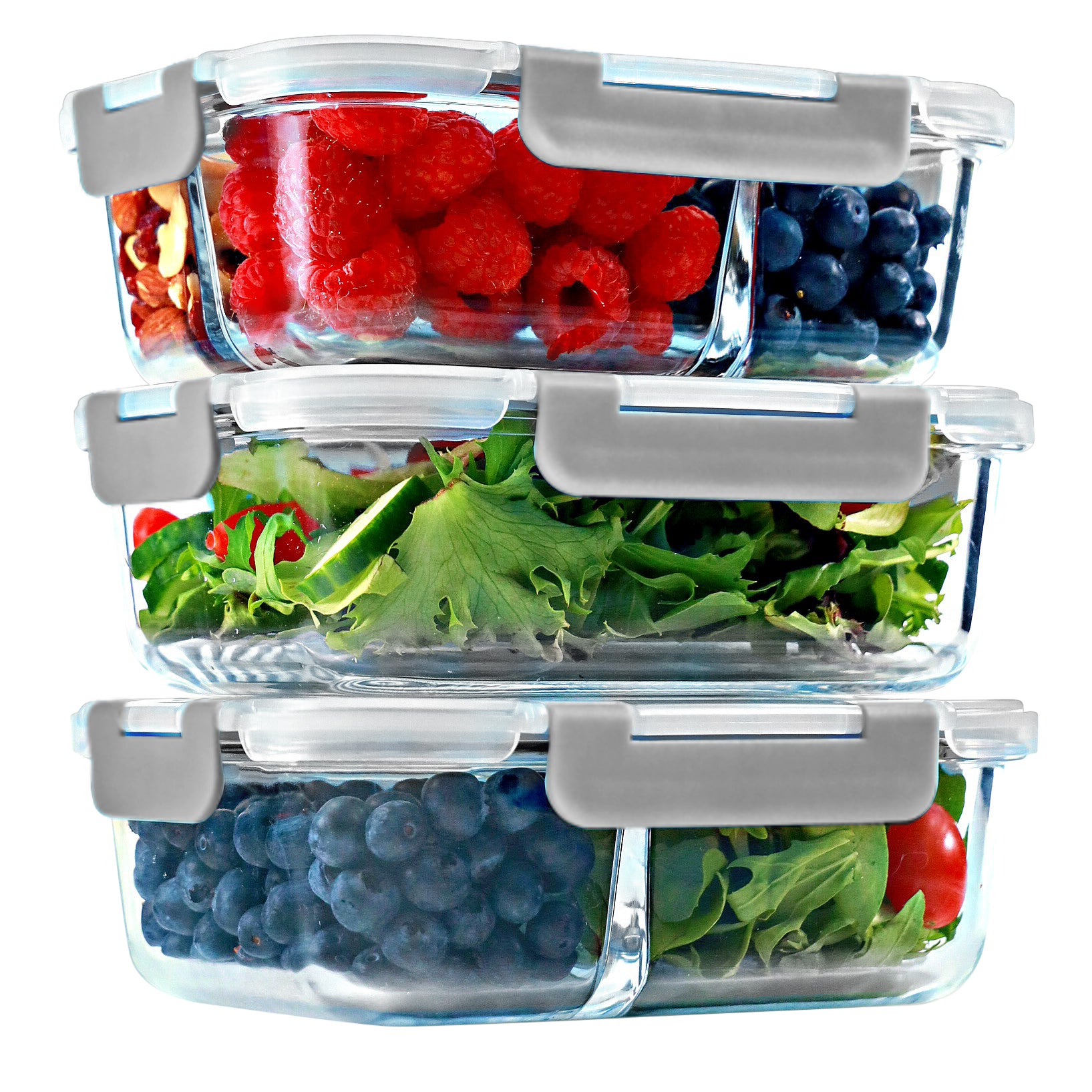 Glass Meal Prep Containers – 6-Pack (3-Pack 1, 2 & 3 Compartment, 35 oz, Beige + 3-Pack 1, 2 & 3 Compartment, 35 oz, Gray), Portion Control, Leak-Proof, Oven Safe, Food Storage