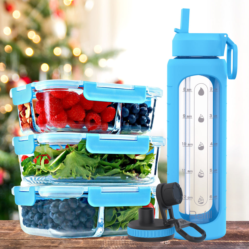 1, 2 & 3 Compartment Glass Meal Prep Containers with BLUE Lids (3 Pack, 35 oz) and 32 oz Glass Water Bottle with Straw Lid, Time Marker, Sleeve & Extra Lid Bundle