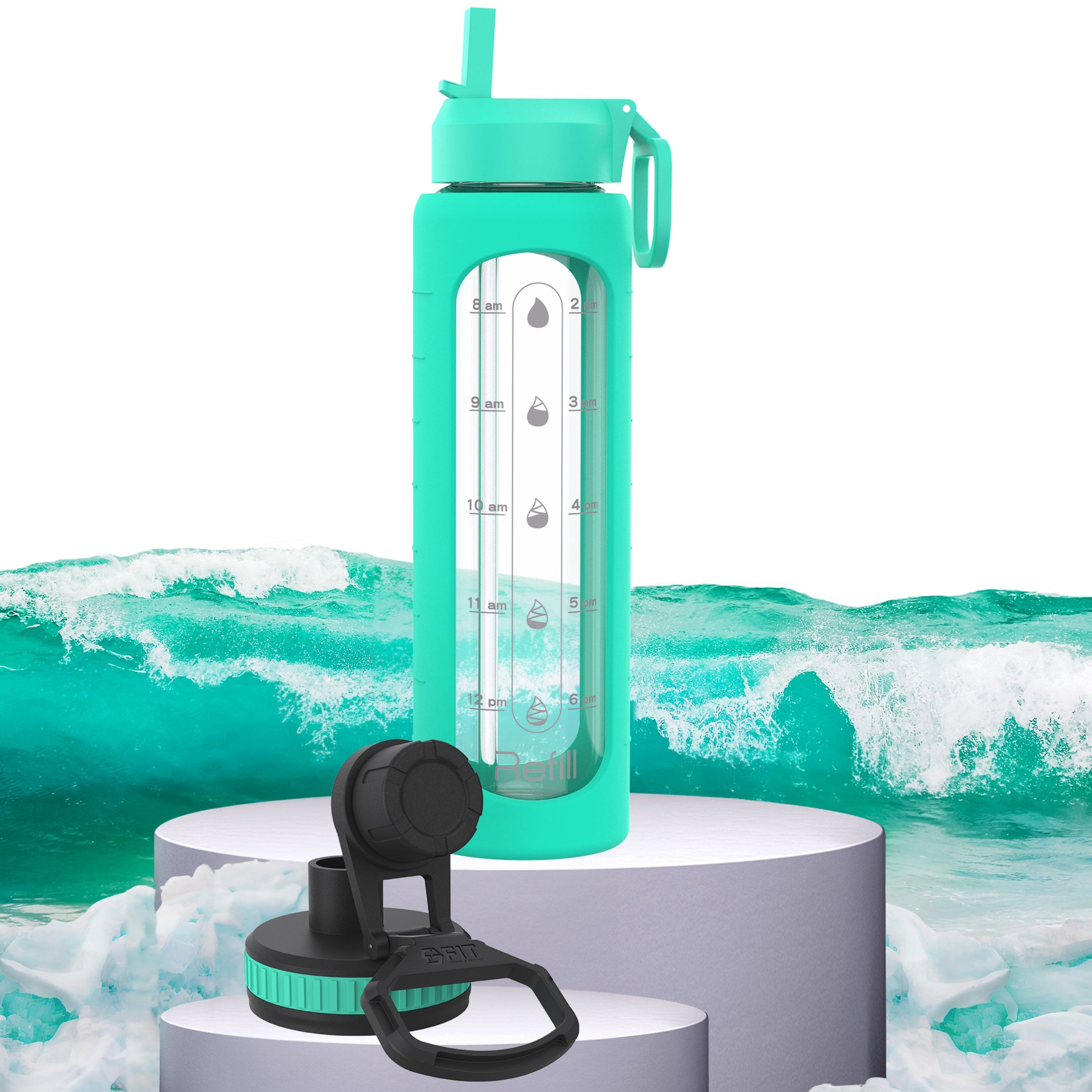 32 oz Glass Water Bottle with Time Marker and Extra Lid (Seafoam Sleeve)