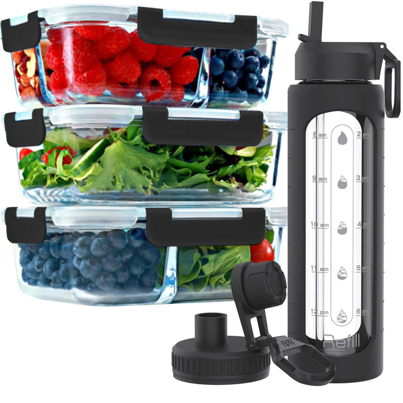 1, 2 & 3 Compartment Glass Meal Prep Containers with BLACK Lids (3 Pack, 35 oz) and 32 oz Glass Water Bottle with Time Marker (Black) Bundle