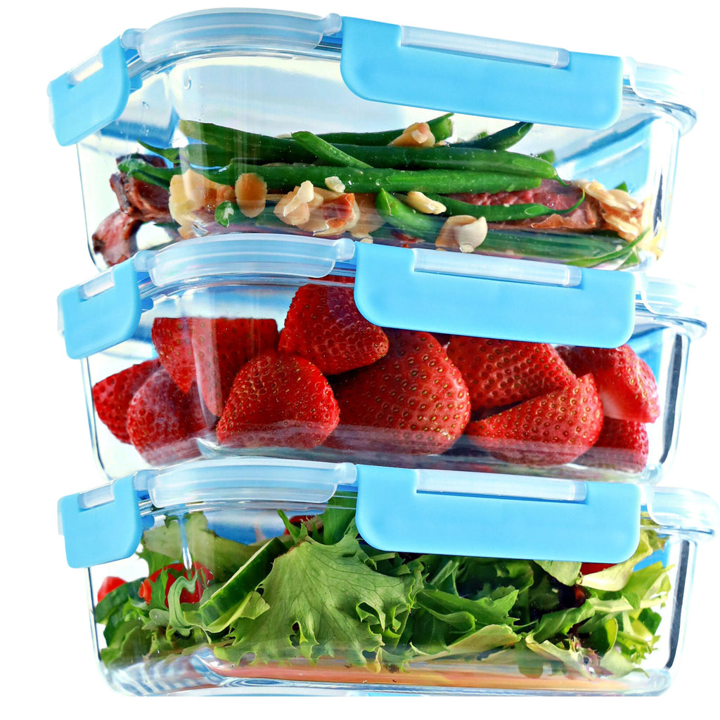 1 Compartment Glass Meal Prep Containers with BLUE Lids (3 Pack, 35 oz)