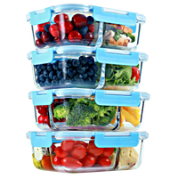 2 & 3 Compartment Glass Meal Prep Containers with BLUE Lids (4 Pack, 32 oz)