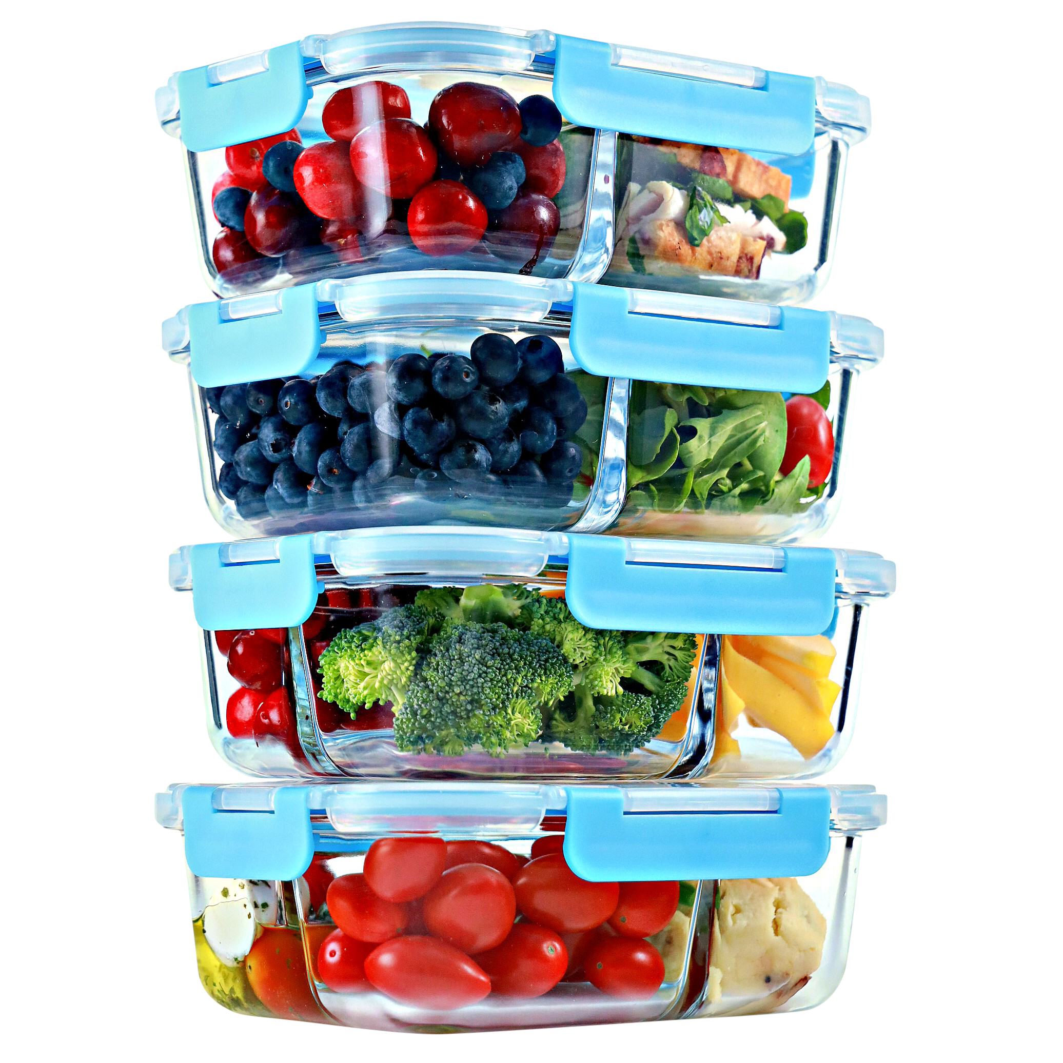 2 & 3 Compartment Glass Meal Prep Containers with BLUE Lids (4 Pack, 32 oz)