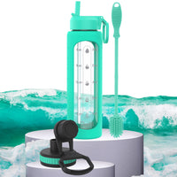 32 oz Glass Water Bottle with Time Marker and Brush (Seafoam Sleeve, with Brush)