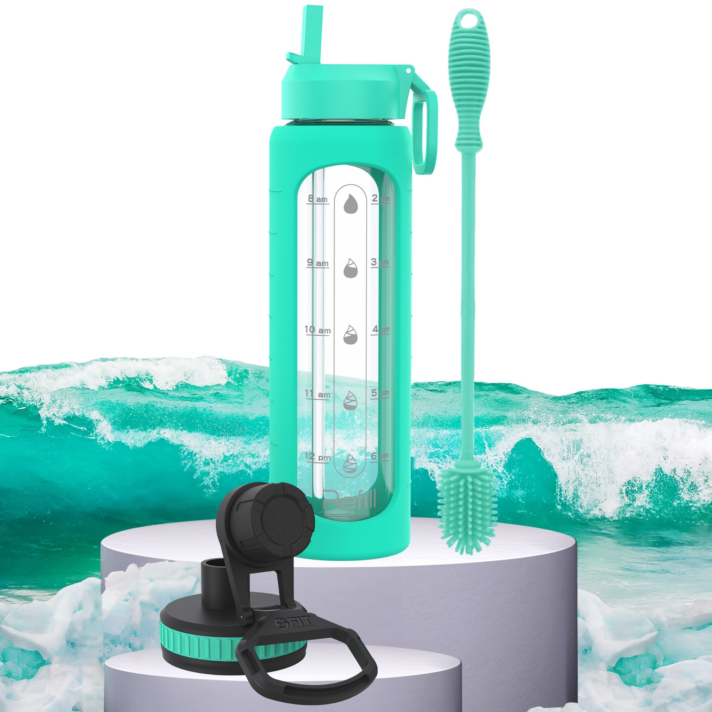 32 oz Glass Water Bottle with Time Marker and Brush (Seafoam Sleeve, with Brush)