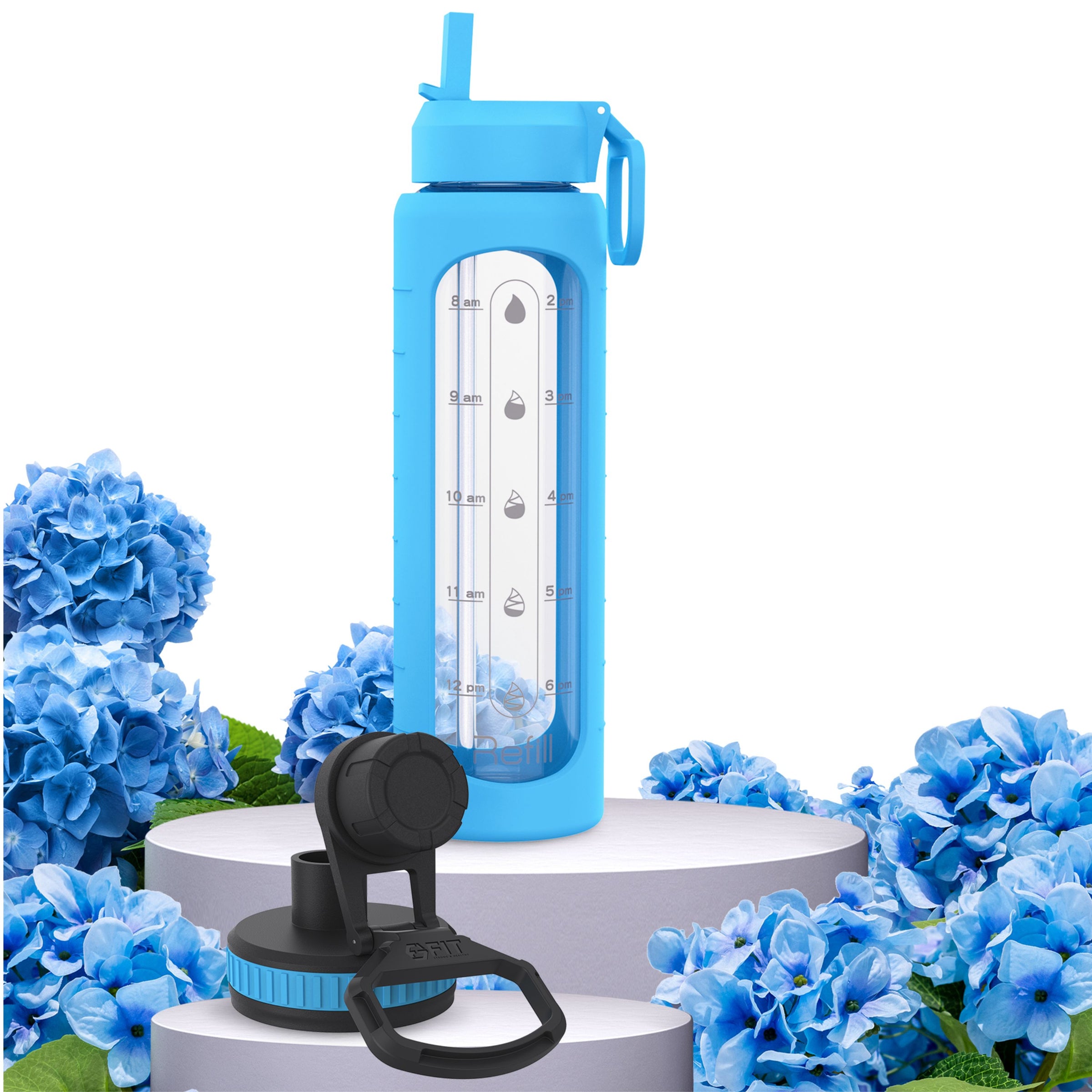 32 oz Glass Water Bottle with Time Marker (Blue Sleeve)