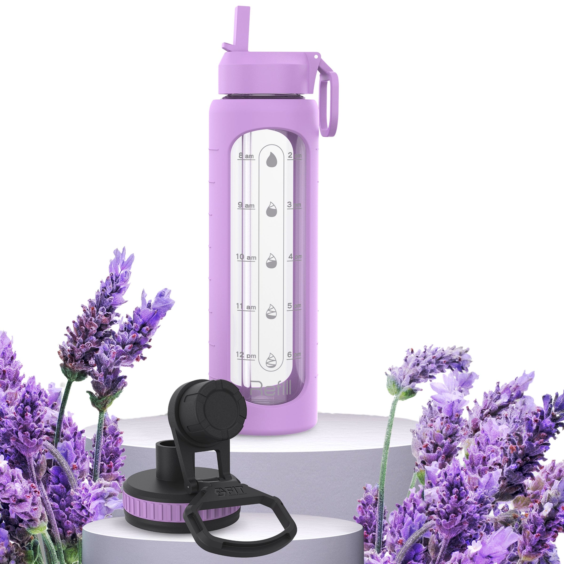 32 oz Glass Water Bottle with Time Marker and Extra Lid (Lavender Sleeve)