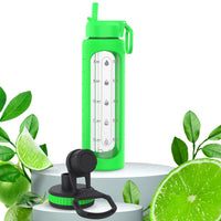 32 oz Glass Water Bottle with Time Marker and Extra Lid (Lime Sleeve)