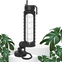 32 oz Glass Water Bottle with Time Marker and Extra Lid (Black Ribbed Sleeve)