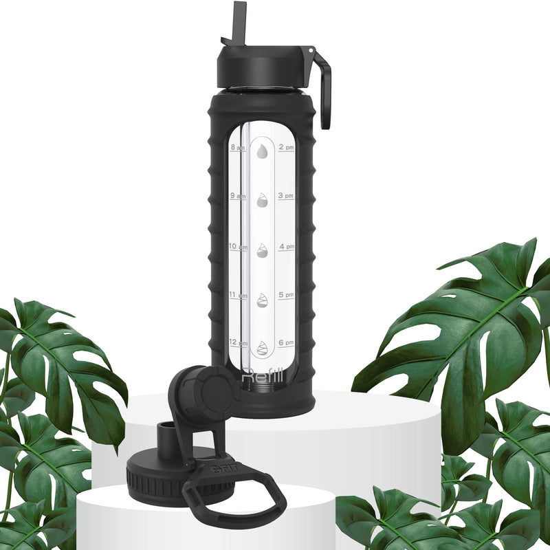 32 oz Glass Water Bottle with Time Marker (Black Ribbed Sleeve)