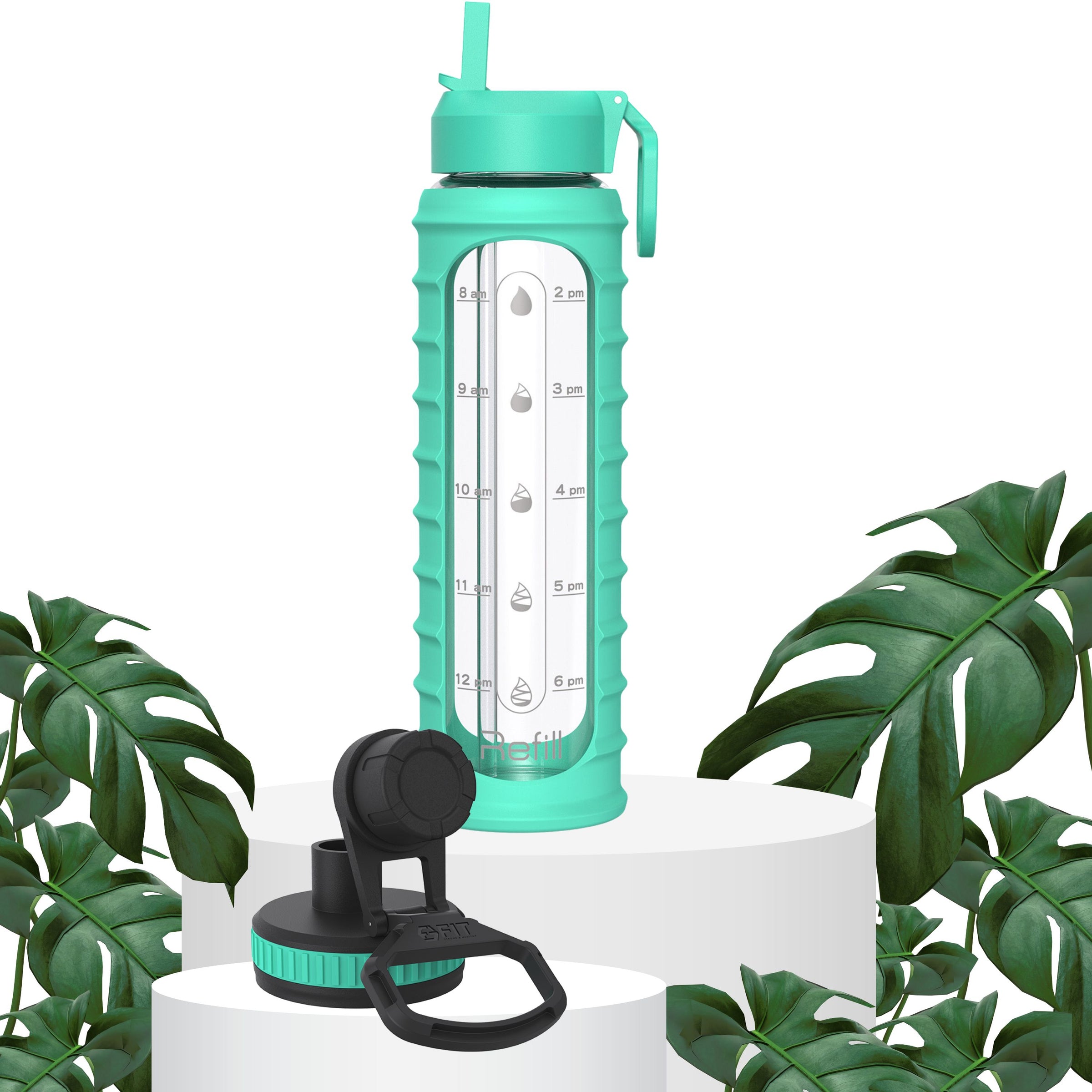 32 oz Glass Water Bottle with Time Marker and Extra Lid (Seafoam Ribbed Sleeve)