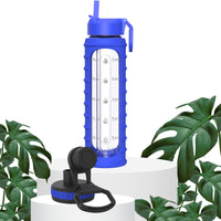 32 oz Glass Water Bottle with Time Marker and Extra Lid (Royal Blue Ribbed Sleeve)