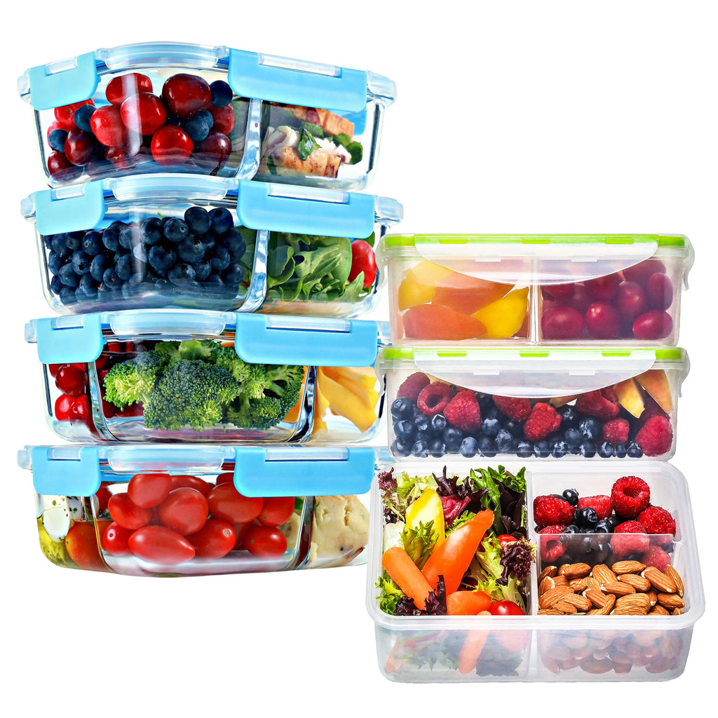 2 & 3 Compartment Glass Meal Prep Containers Glass Bento Box (4 Pack, 32 oz) & Bento Box Meal Prep Containers with Lids, Microwave, Freezer, Dishwasher Safe (3 Pack, 39 oz) Bundle