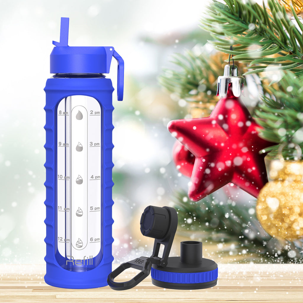 32 oz Glass Water Bottle with Straw Lid, Time Marker, Silicone Sleeve & Extra Lid (Royal Blue Ribbed Sleeve)