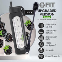 32 oz Glass Water Bottle with Time Marker and Brush (Black Sleeve, with Brush)