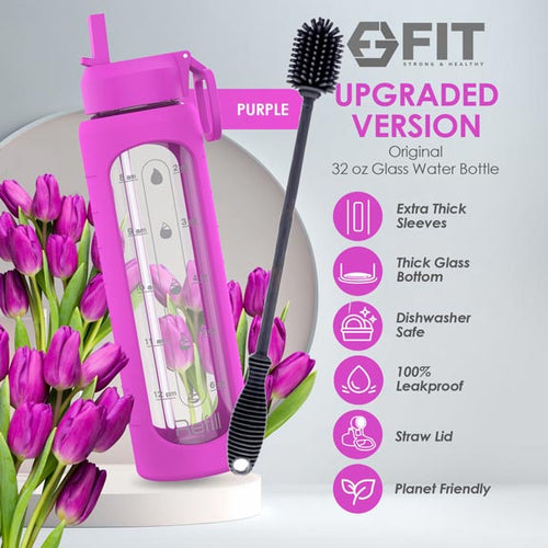 32 oz Glass Water Bottle with Straw Lid, Time Marker, Silicone Sleeve & Extra Lid (Purple, with Brush)