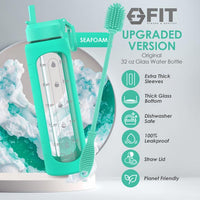 32 oz Glass Water Bottle with Time Marker and Brush (Seafoam Sleeve, with Brush)