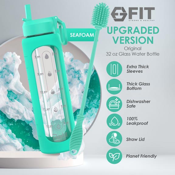 32 oz Glass Water Bottle with Time Marker and Brush (Seafoam Sleeve, with Brush)