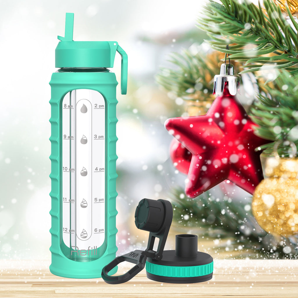 32 oz Glass Water Bottle with Straw Lid, Time Marker, Silicone Sleeve & Extra Lid (Seafoam Ribbed Sleeve)