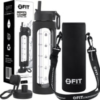 32 oz Glass Water Bottle with Time Marker, Extra Lid & Carrier (Black, Black Carrier)