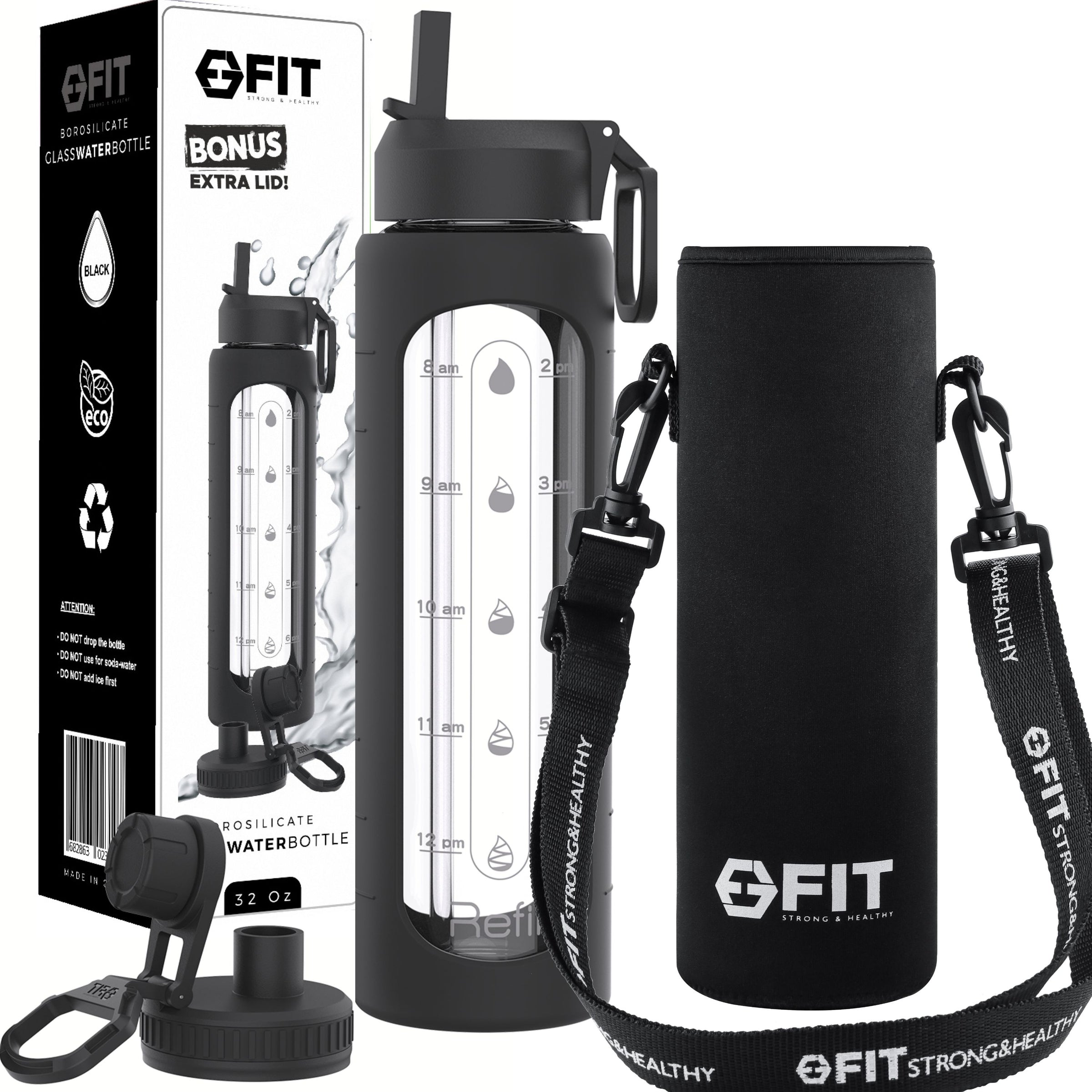 32 oz Glass Water Bottle with Time Marker, Extra Lid & Carrier (Black, Black Carrier)