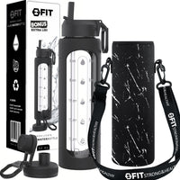 32 oz Glass Water Bottle with Time Marker, Extra Lid & Carrier (Black, White Marble Carrier)