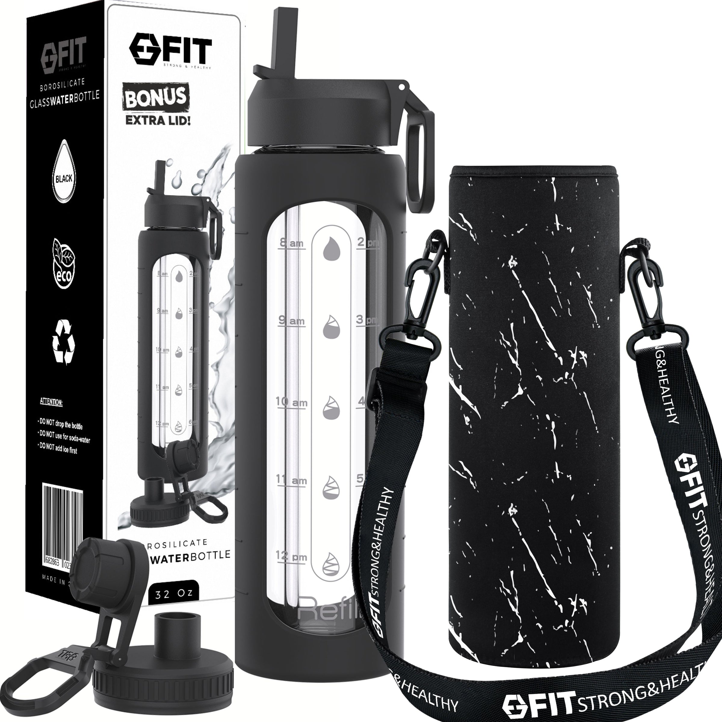 32 oz Glass Water Bottle with Time Marker, Extra Lid & Carrier (Black, White Marble Carrier)