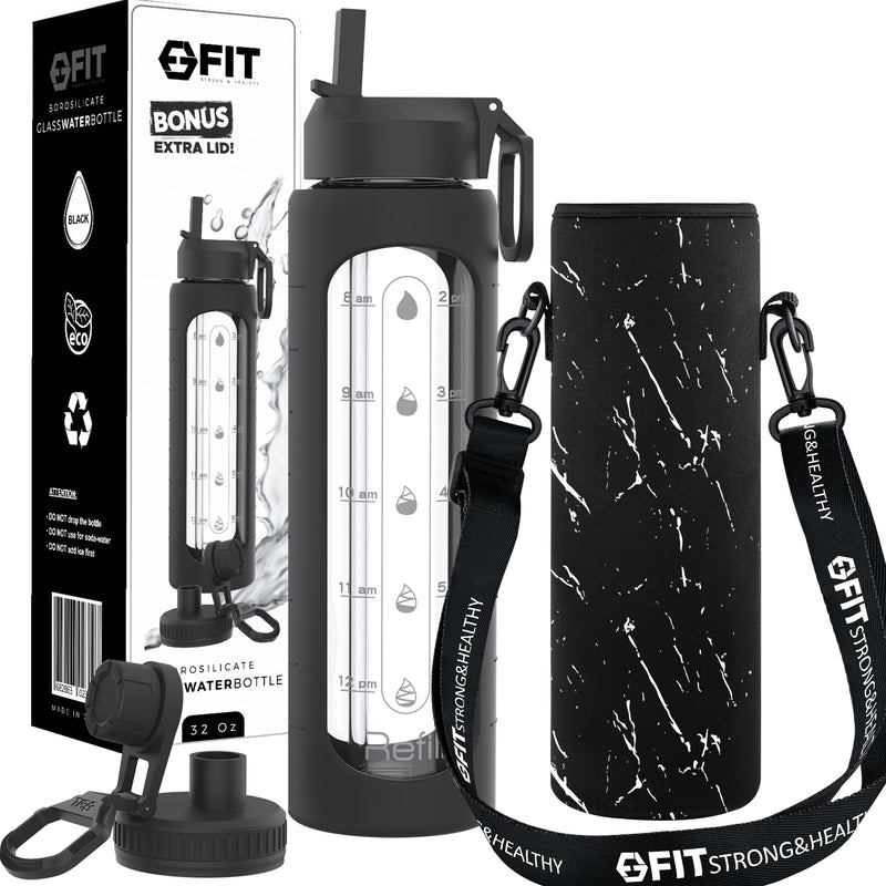 32 oz Glass Water Bottle with Time Marker & Carrier (Black, White Marble Carrier)
