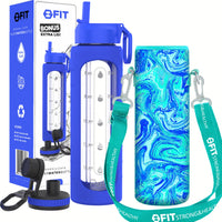 32 oz Glass Water Bottle with Time Marker, Extra Lid & Carrier (Royal Blue, Blue Marble Carrier)