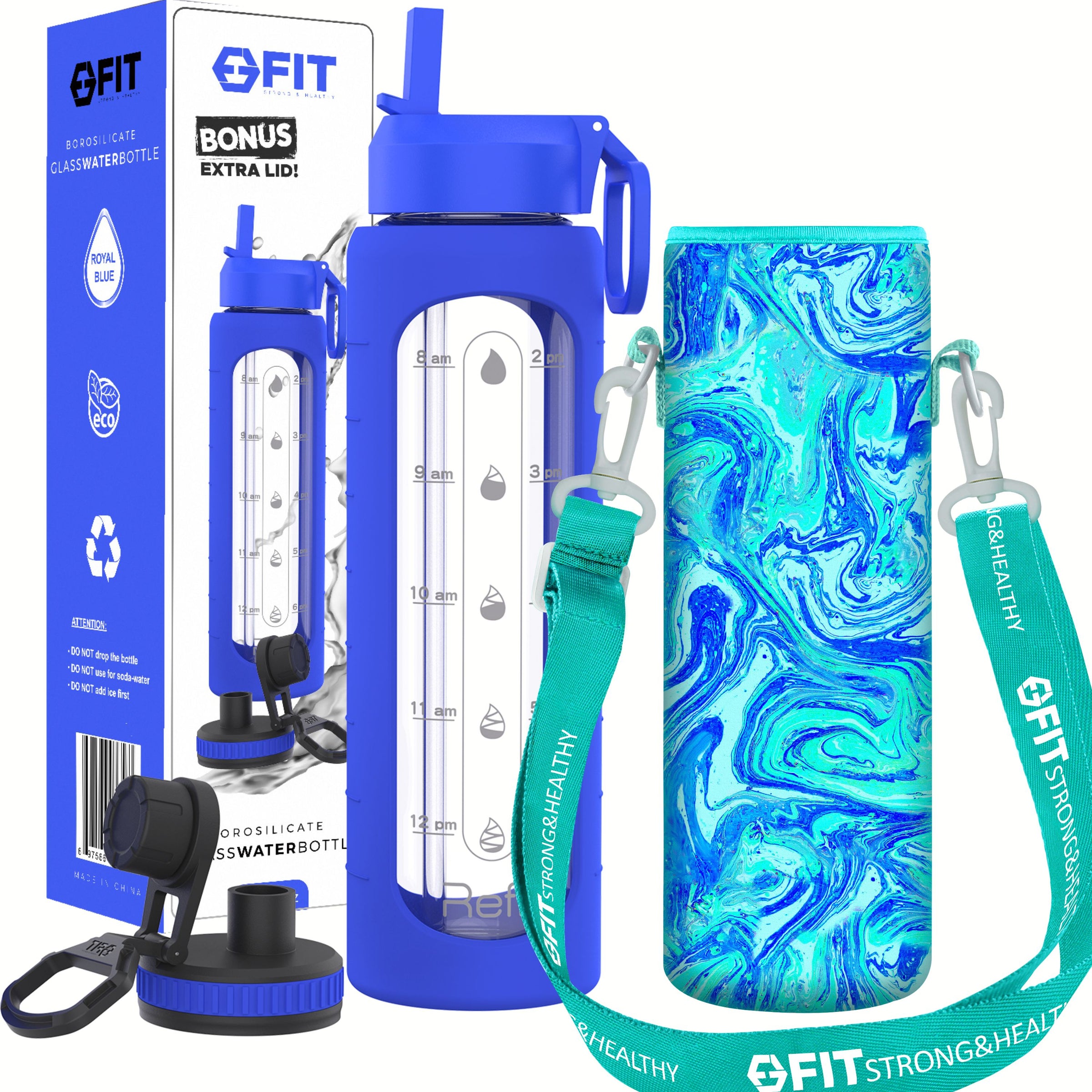 32 oz Glass Water Bottle with Time Marker, Extra Lid & Carrier (Royal Blue, Blue Marble Carrier)