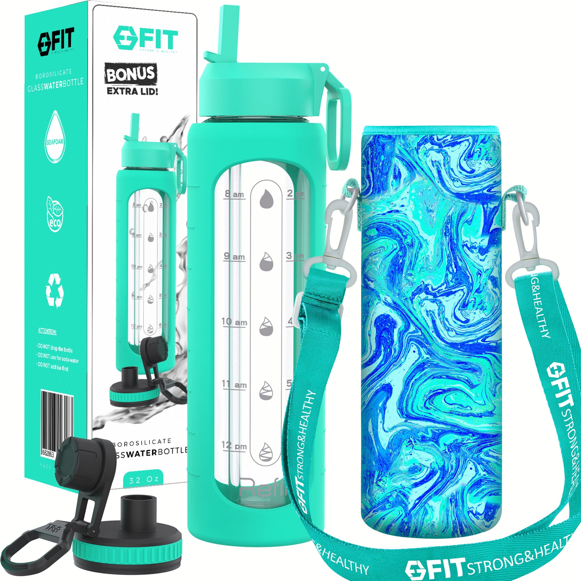 32 oz Glass Water Bottle with Time Marker, Extra Lid & Carrier (Seafoam, Blue Marble Carrier)