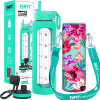 32 oz Glass Water Bottle with Time Marker, Extra Lid & Carrier (Seafoam, Floral Carrier)