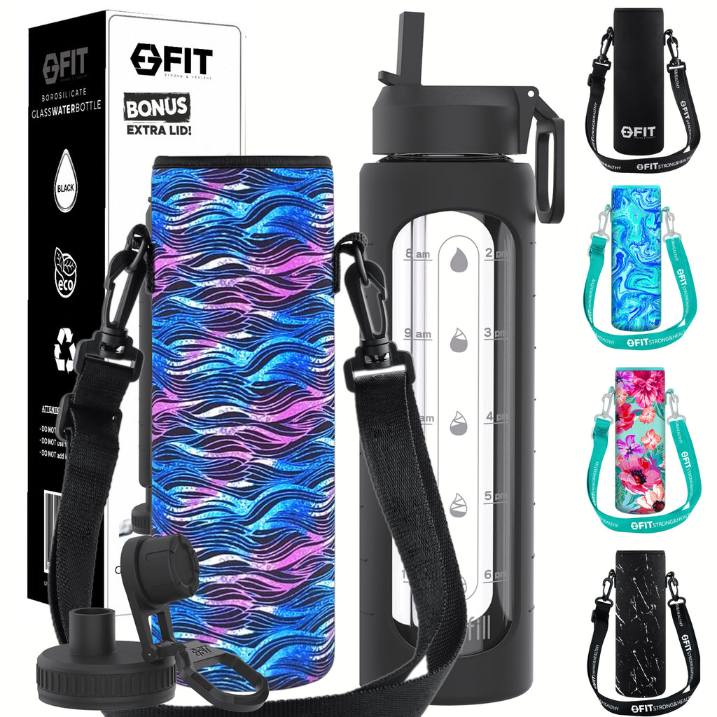 32 oz Glass Water Bottle with Straw Lid, Time Marker, Sleeve, Extra Lid & Water Bottle Holder with Strap (Black, Black Waves Carrier)