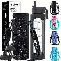 32 oz Glass Water Bottle with Time Marker, Extra Lid & Carrier (Black, White Marble Carrier)