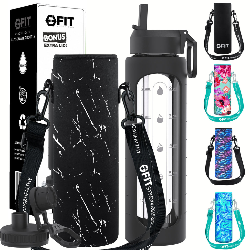 32 oz Glass Water Bottle with Straw Lid, Time Marker, Sleeve, Extra Lid & Water Bottle Holder with Strap (Black, White Marble Carrier)