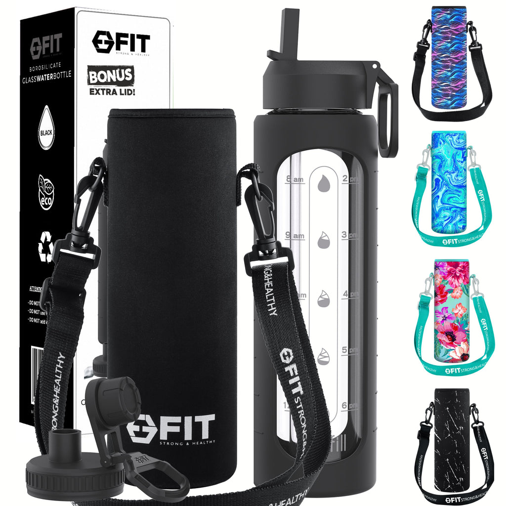 32 oz Glass Water Bottle with Straw Lid, Time Marker, Sleeve, Extra Lid & Water Bottle Holder with Strap (Black, Black Carrier)
