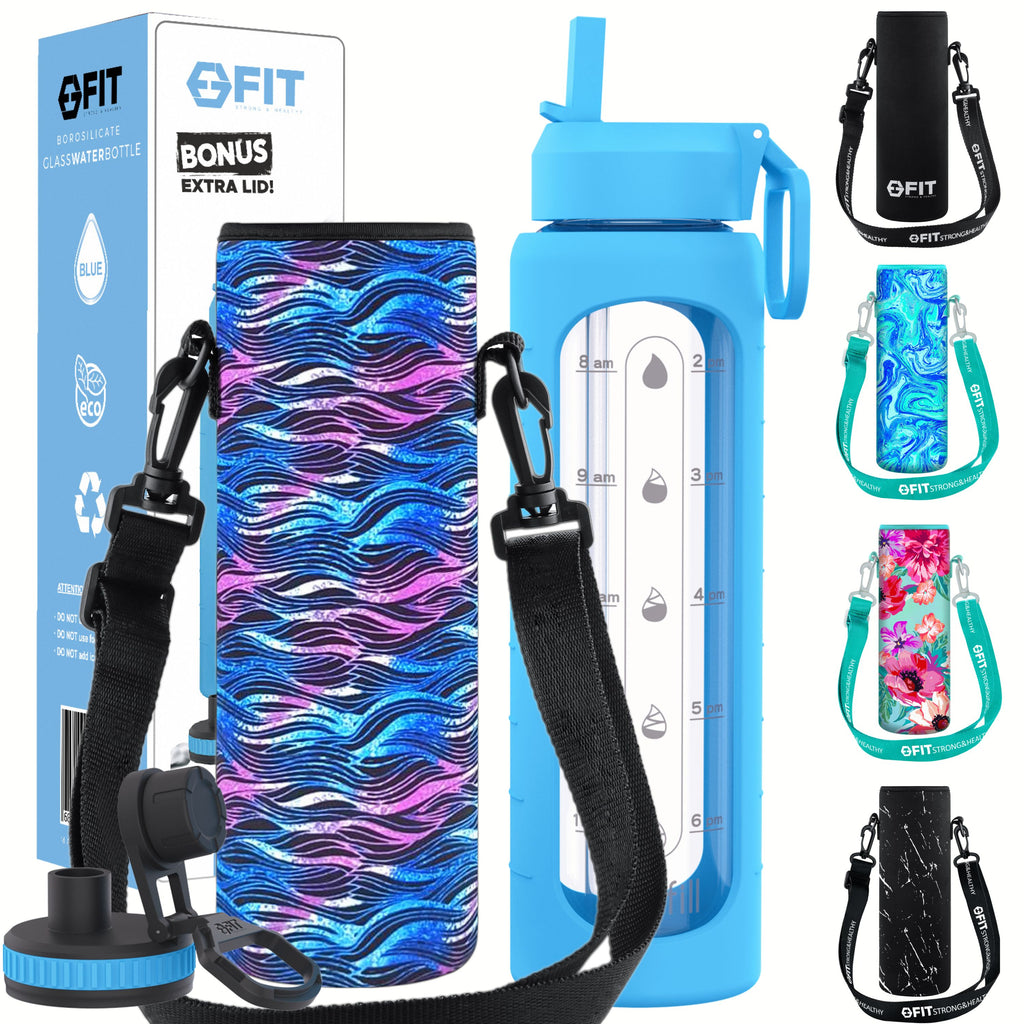 32 oz Glass Water Bottle with Straw Lid, Time Marker, Sleeve, Extra Lid & Water Bottle Holder with Strap (Blue, Black Waves Carrier)