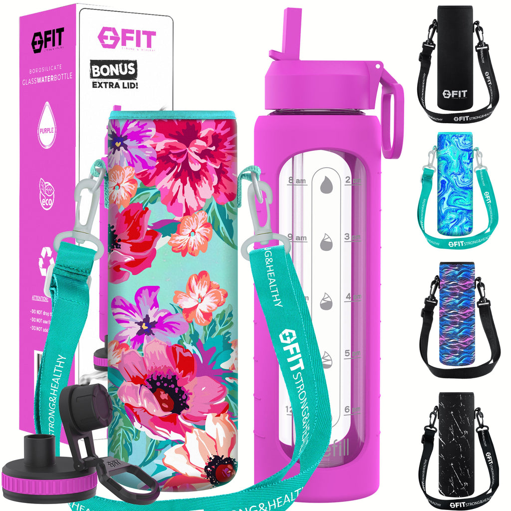 32 oz Glass Water Bottle with Straw Lid, Time Marker, Sleeve, Extra Lid & Water Bottle Holder with Strap (Purple, Floral Carrier)