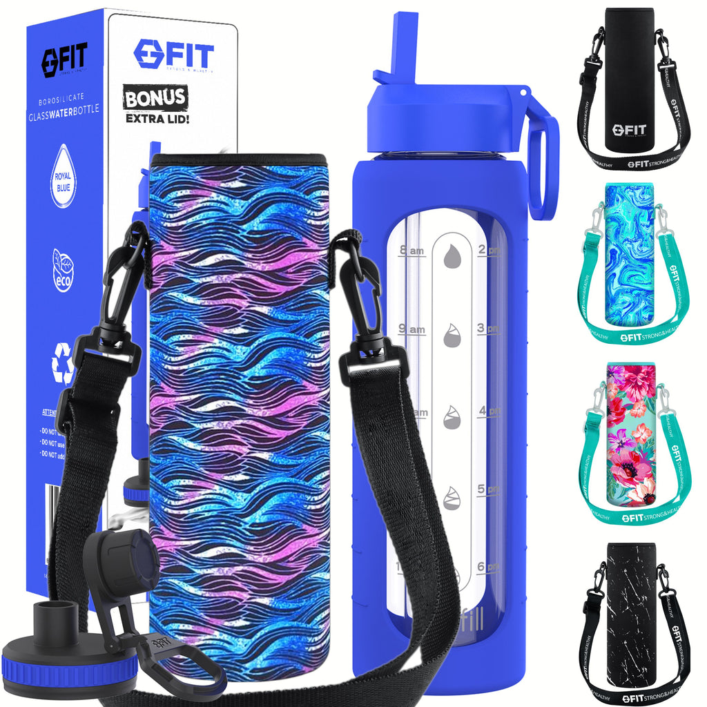 32 oz Glass Water Bottle with Straw Lid, Time Marker, Sleeve, Extra Lid & Water Bottle Holder with Strap (Royal Blue, Black Waves Carrier)