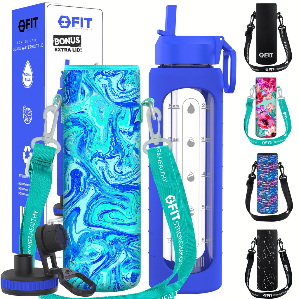 32 oz Glass Water Bottle with Straw Lid, Time Marker, Sleeve, Extra Lid & Water Bottle Holder with Strap (Royal Blue, Blue Marble Carrier)